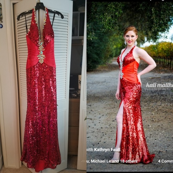 red sequin halter dress